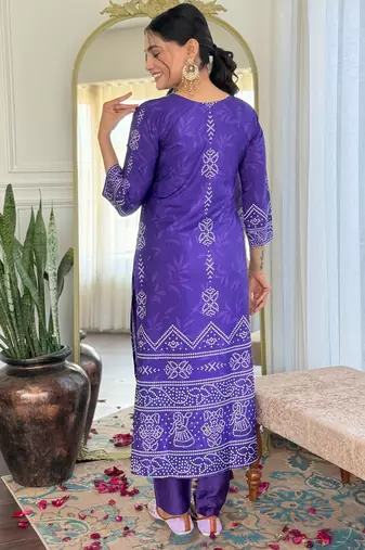 Blue printed french crepe kurta set with dupatta