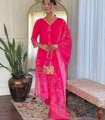 Pink printed french crepe kurta set with dupatta