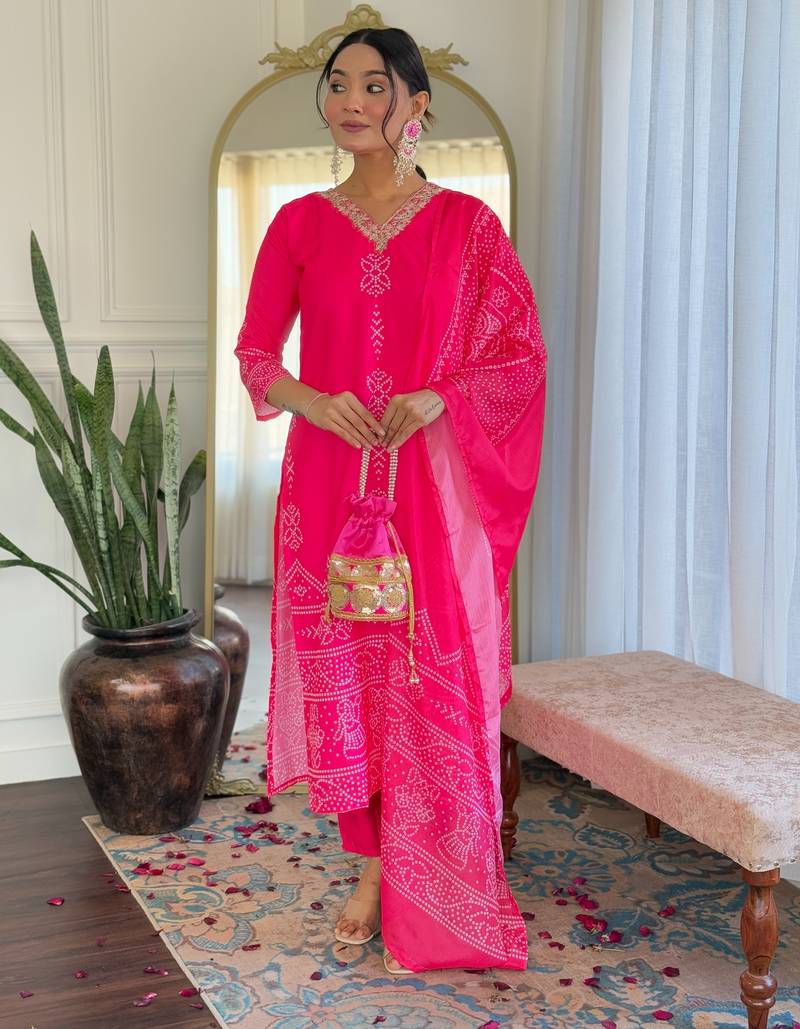Pink printed french crepe kurta set with dupatta