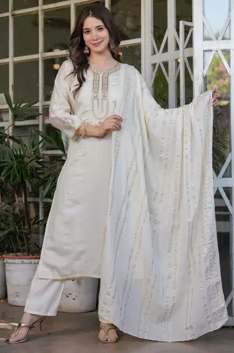 Off white embroidered viscose chanderi kurta set with dupatta