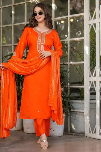 Orange embroidered viscose chanderi kurta set with dupatta