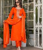 Orange embroidered viscose chanderi kurta set with dupatta