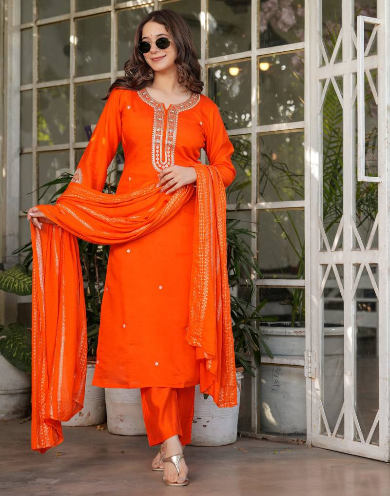 Orange embroidered viscose chanderi kurta set with dupatta