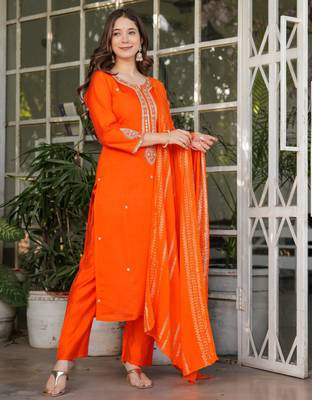 Orange embroidered viscose chanderi kurta set with dupatta 2