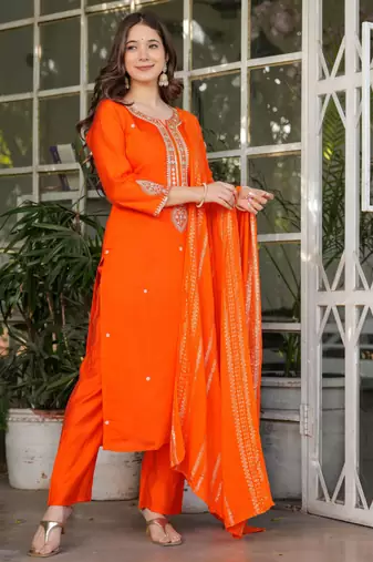 Orange embroidered viscose chanderi kurta set with dupatta