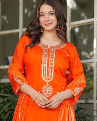 Orange embroidered viscose chanderi kurta set with dupatta 3