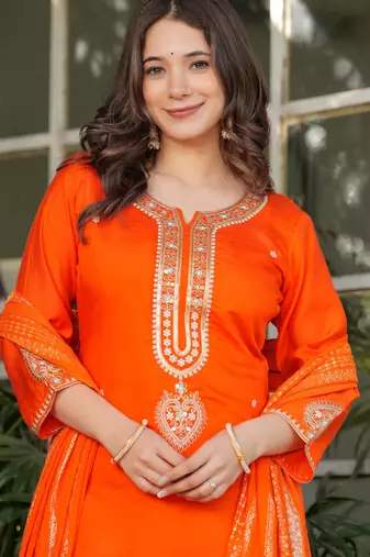 Orange embroidered viscose chanderi kurta set with dupatta