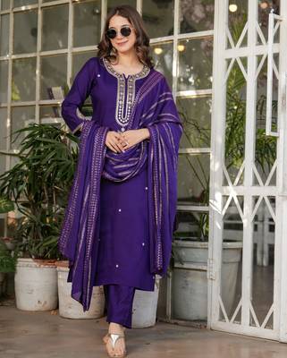 Purple embroidered viscose chanderi kurta set with dupatta 1