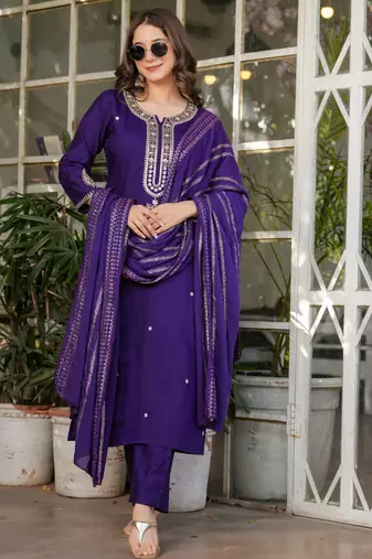 Purple embroidered viscose chanderi kurta set with dupatta