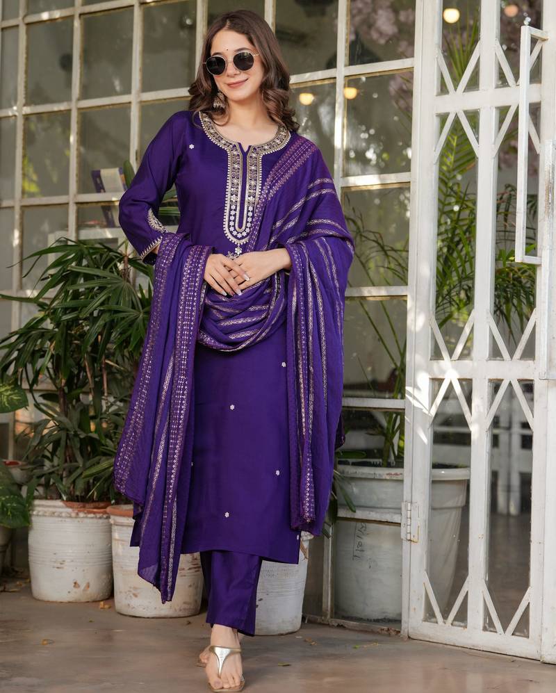 Purple embroidered viscose chanderi kurta set with dupatta