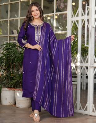 Purple embroidered viscose chanderi kurta set with dupatta 2
