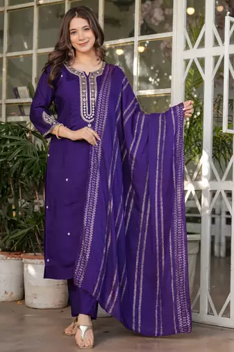 Purple embroidered viscose chanderi kurta set with dupatta