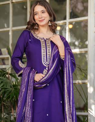 Purple embroidered viscose chanderi kurta set with dupatta 3