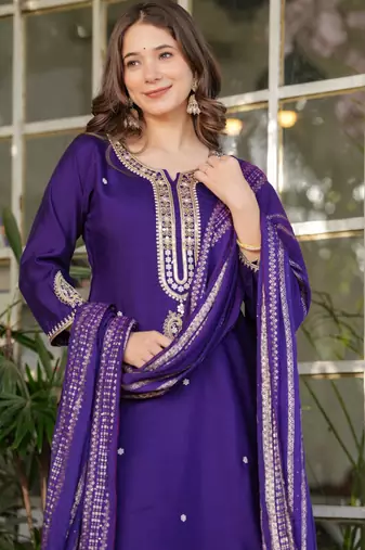 Purple embroidered viscose chanderi kurta set with dupatta