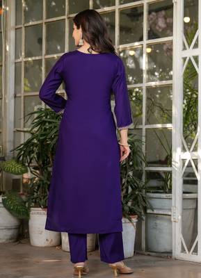 Purple embroidered viscose chanderi kurta set with dupatta 4
