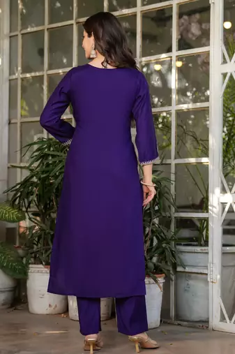 Purple embroidered viscose chanderi kurta set with dupatta
