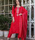 Red embroidered viscose chanderi kurta set with dupatta