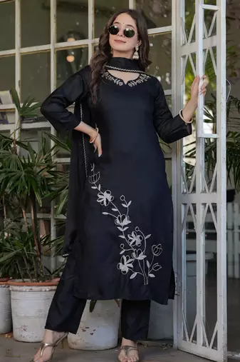 Black embroidered viscose rayon kurta set with dupatta