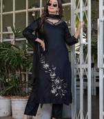 Black embroidered viscose rayon kurta set with dupatta