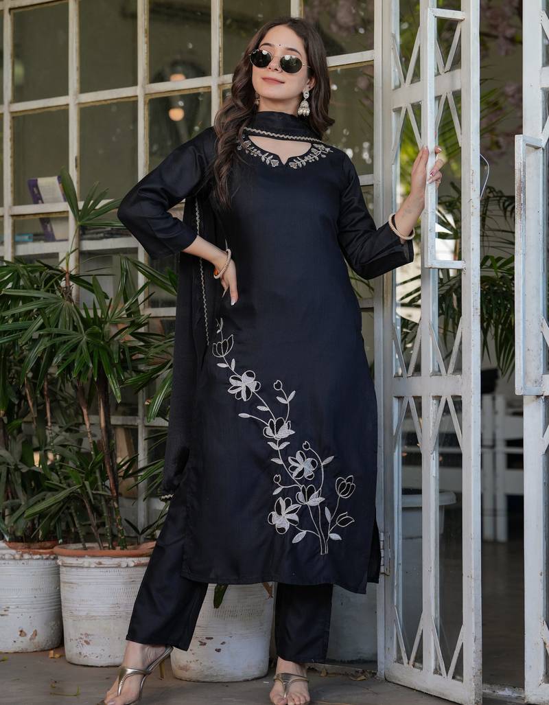 Black embroidered viscose rayon kurta set with dupatta
