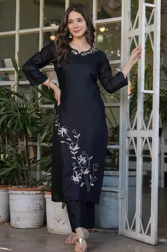 Black embroidered viscose rayon kurta set with dupatta