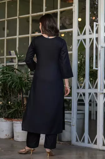 Black embroidered viscose rayon kurta set with dupatta
