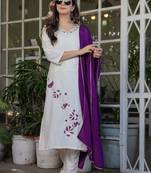 White embroidered viscose rayon kurta set with dupatta
