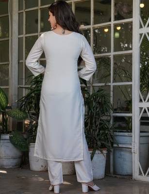 White embroidered viscose rayon kurta set with dupatta 4