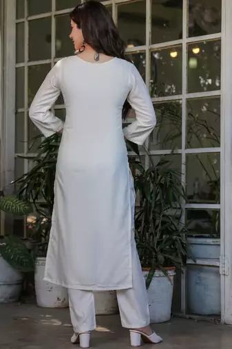 White embroidered viscose rayon kurta set with dupatta