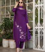 Purple embroidered viscose rayon kurta set with dupatta