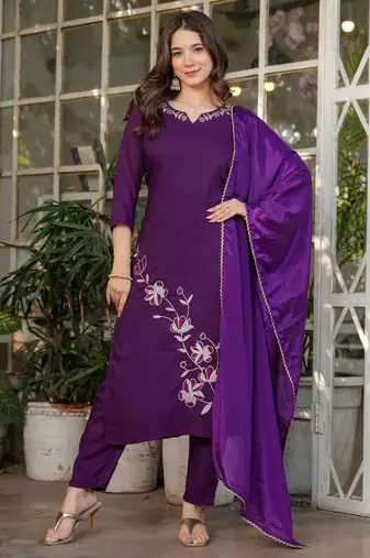 Purple embroidered viscose rayon kurta set with dupatta