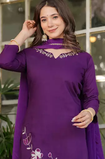 Purple embroidered viscose rayon kurta set with dupatta