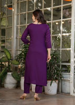 Purple embroidered viscose rayon kurta set with dupatta 4