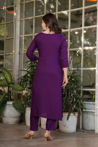Purple embroidered viscose rayon kurta set with dupatta