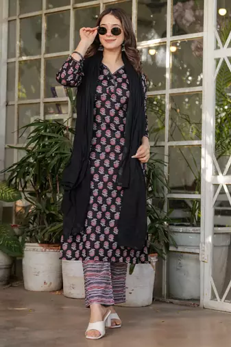 Black floral printed cotton kurta set with dupatta