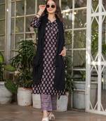 Black floral printed cotton kurta set with dupatta
