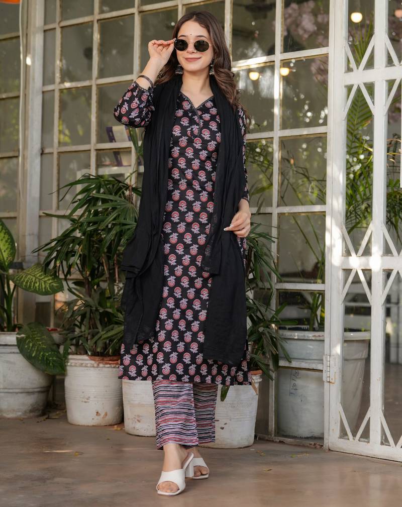 Black floral printed cotton kurta set with dupatta