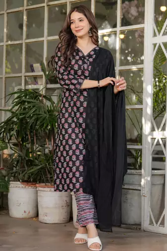 Black floral printed cotton kurta set with dupatta