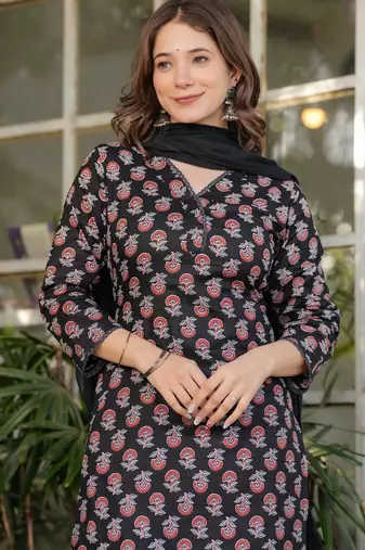 Black floral printed cotton kurta set with dupatta