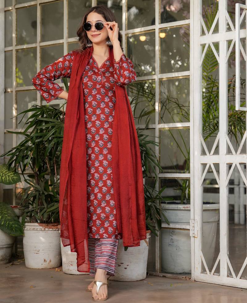 Maroon floral printed cotton kurta set with dupatta