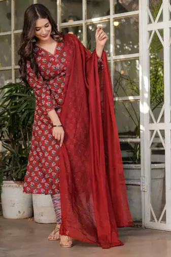 Maroon floral printed cotton kurta set with dupatta