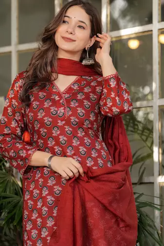 Maroon floral printed cotton kurta set with dupatta