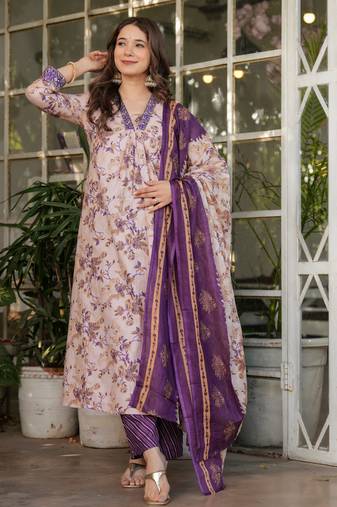 Purple floral printed cotton kurta set with dupatta