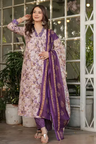 Purple floral printed cotton kurta set with dupatta