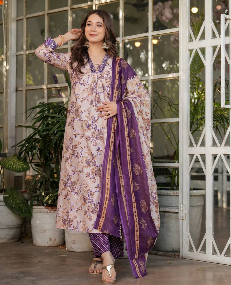 Purple floral printed cotton kurta set with dupatta