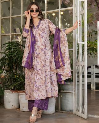 Purple floral printed cotton kurta set with dupatta 2
