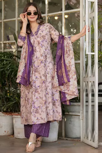 Purple floral printed cotton kurta set with dupatta