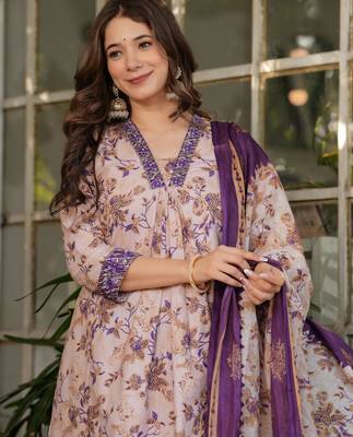 Purple floral printed cotton kurta set with dupatta 3
