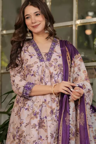 Purple floral printed cotton kurta set with dupatta