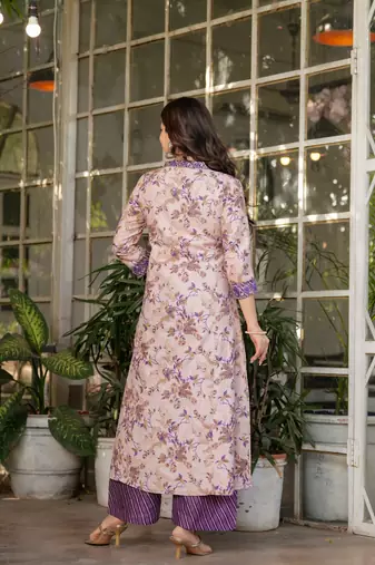 Purple floral printed cotton kurta set with dupatta
